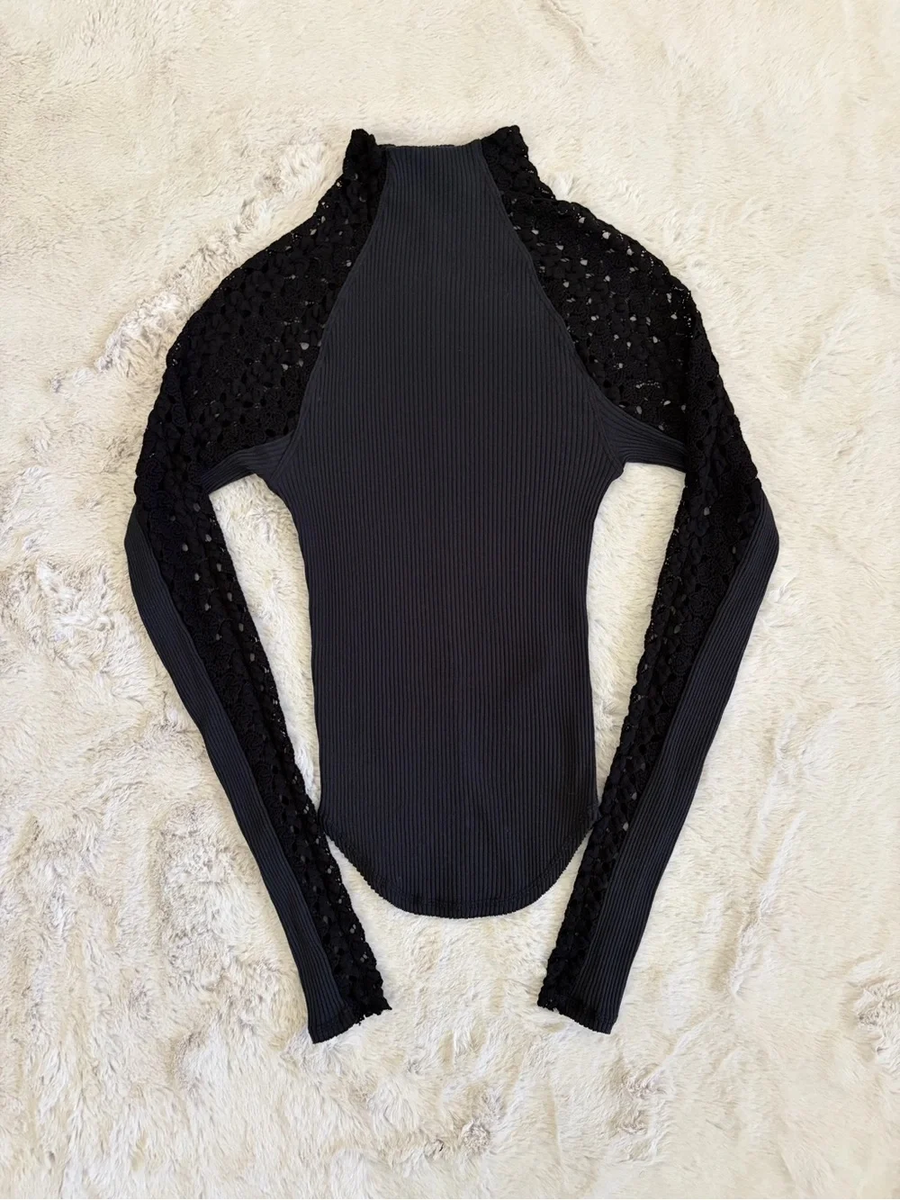 Free People Clemente Mock Neck Crochet Sleeve Top Black Size S